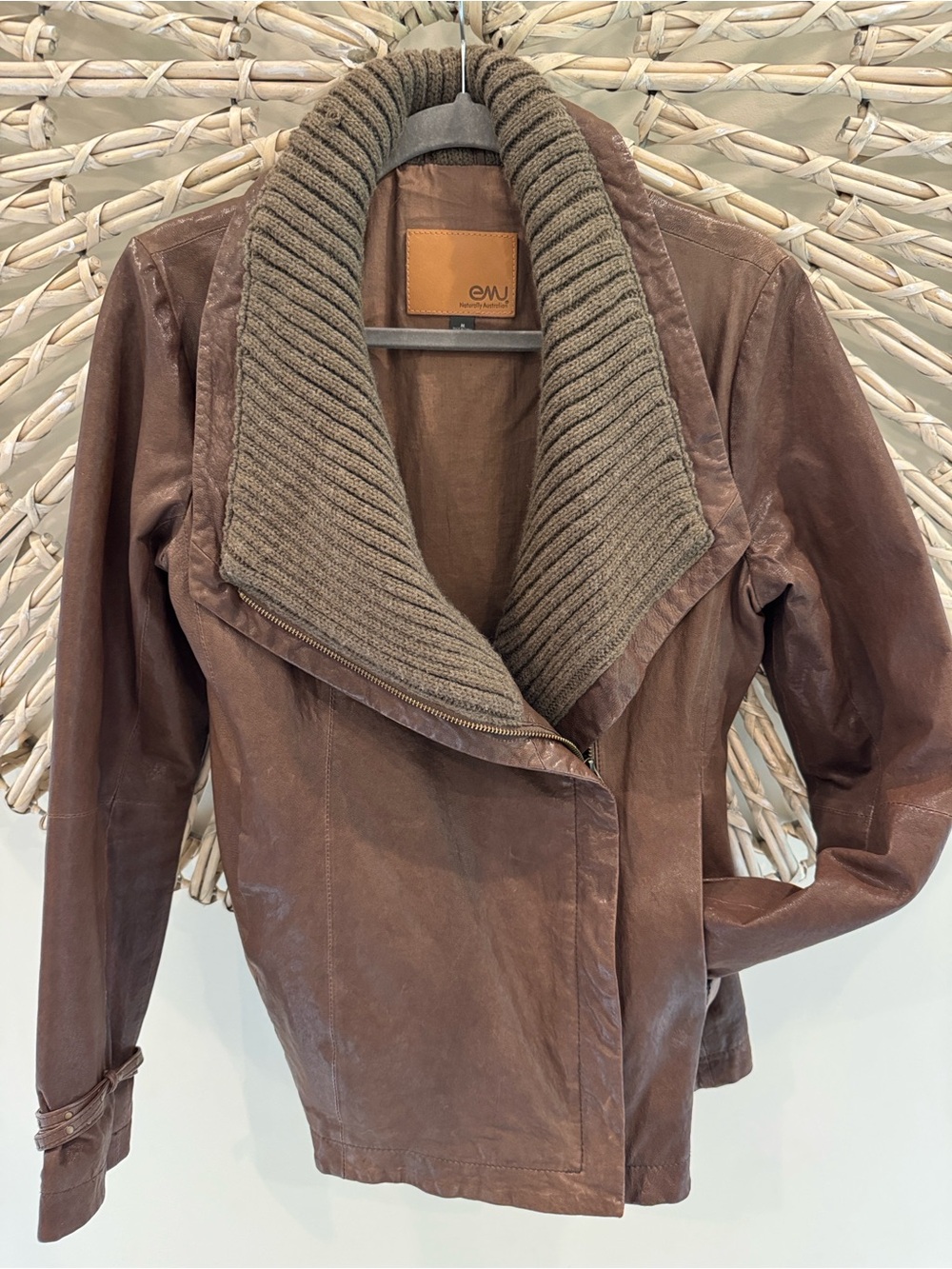 Emu Brown Leather Sheepskin Jacket with Wool Shawl Collar